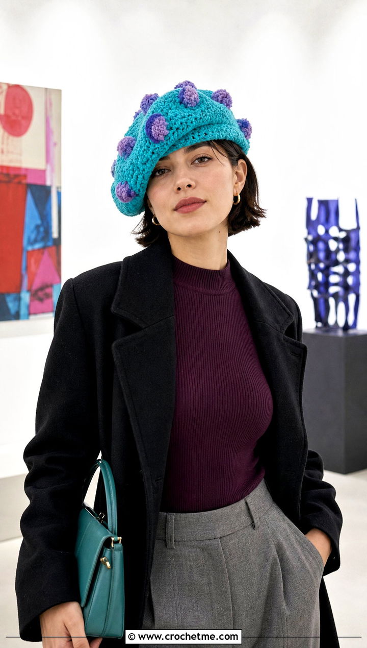 Sulley Crochet Beret With Tailored Trousers - 25 Monsters Inc Crochet Hat outfit ideas