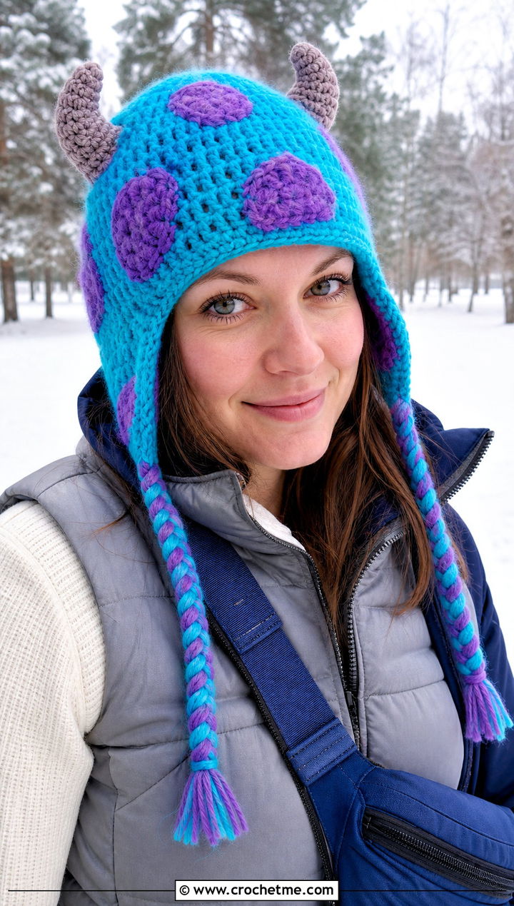 Sulley Earflap Crochet Hat With Puffer Vest - 25 Monsters Inc Crochet Hat outfit ideas
