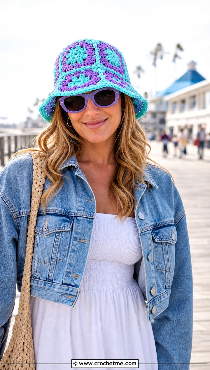Sulley Granny Square Bucket Hat With White Dress - 25 Monsters Inc Crochet Hat outfit ideas