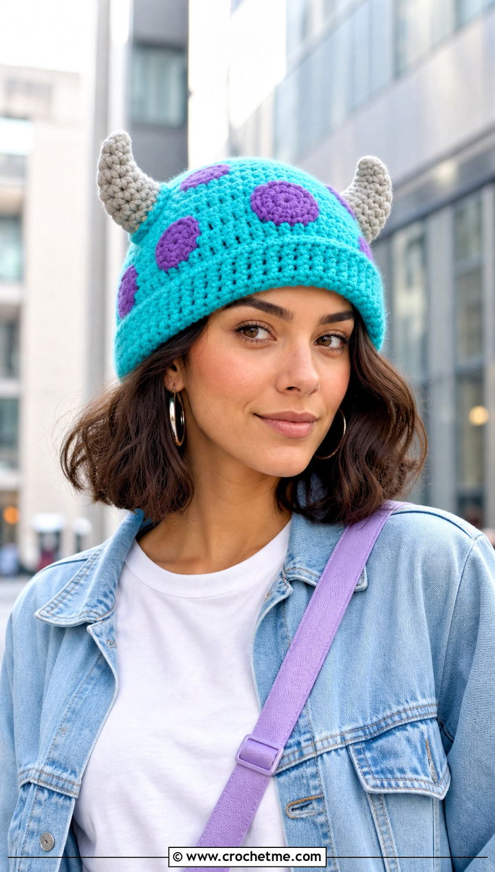 Sulley Horned Crochet Beanie With Denim Jacket - 25 Monsters Inc Crochet Hat outfit ideas