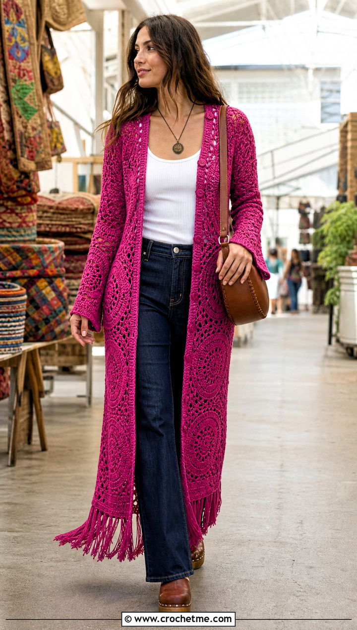 Sun Chaser Crochet Duster Dress With Jeans - 15 Spell Crochet Dress outfit ideas