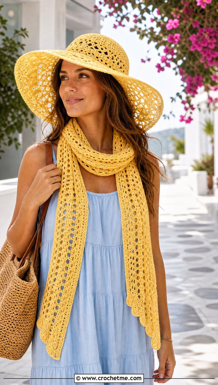 Sun Hat And Lacy Scarf With Maxi Dress - 30 crochet hat and scarf outfit ideas