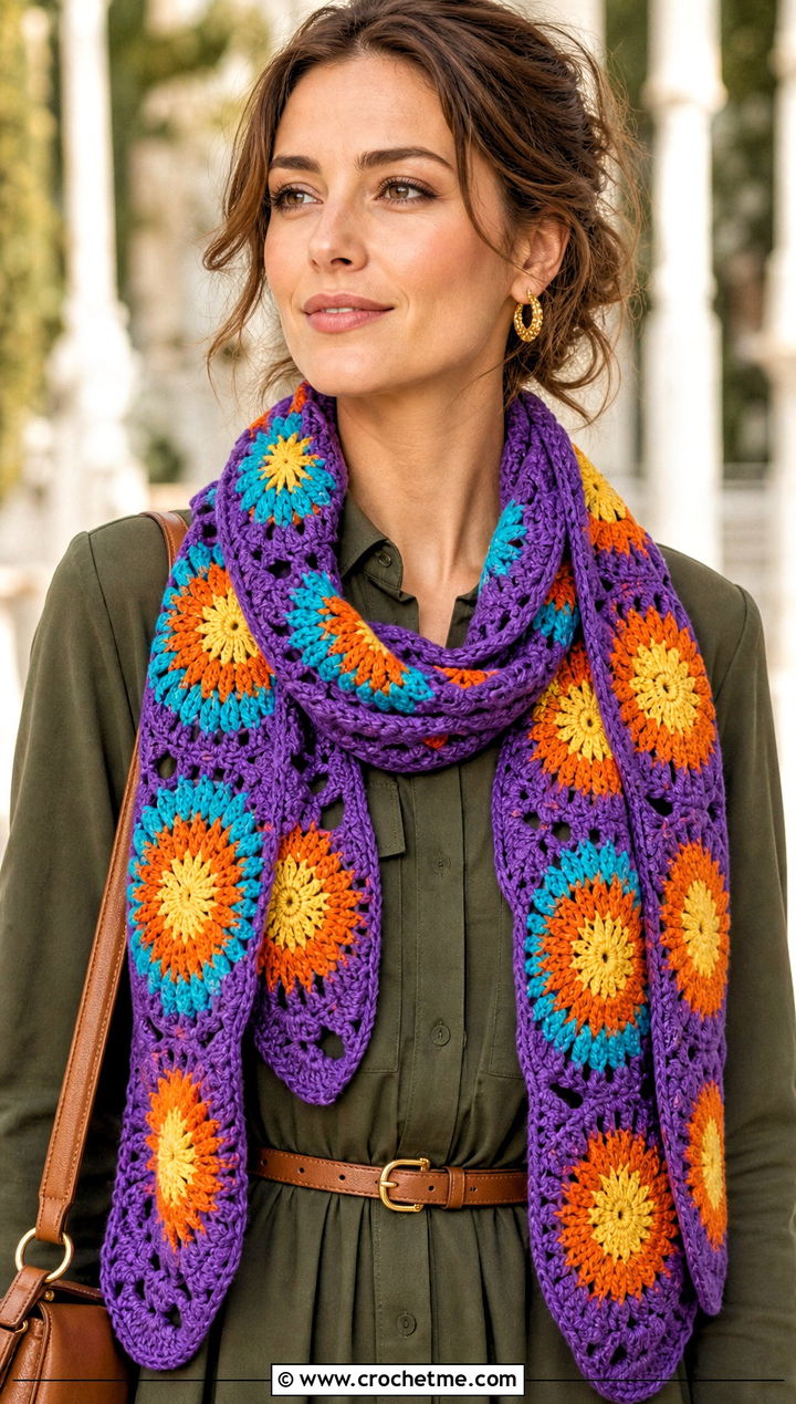 Sunburst Circle Crochet Scarf With Shirt Dress And Knee High Boots - 15 crochet scarf with colorful circles outfit ideas