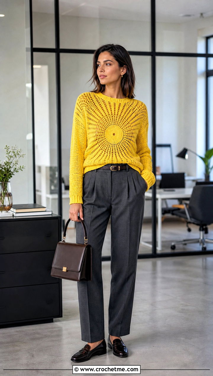 Sunburst Circle Crochet Sweater With Tailored Trousers - 25 Circle Crochet Sweater outfit ideas