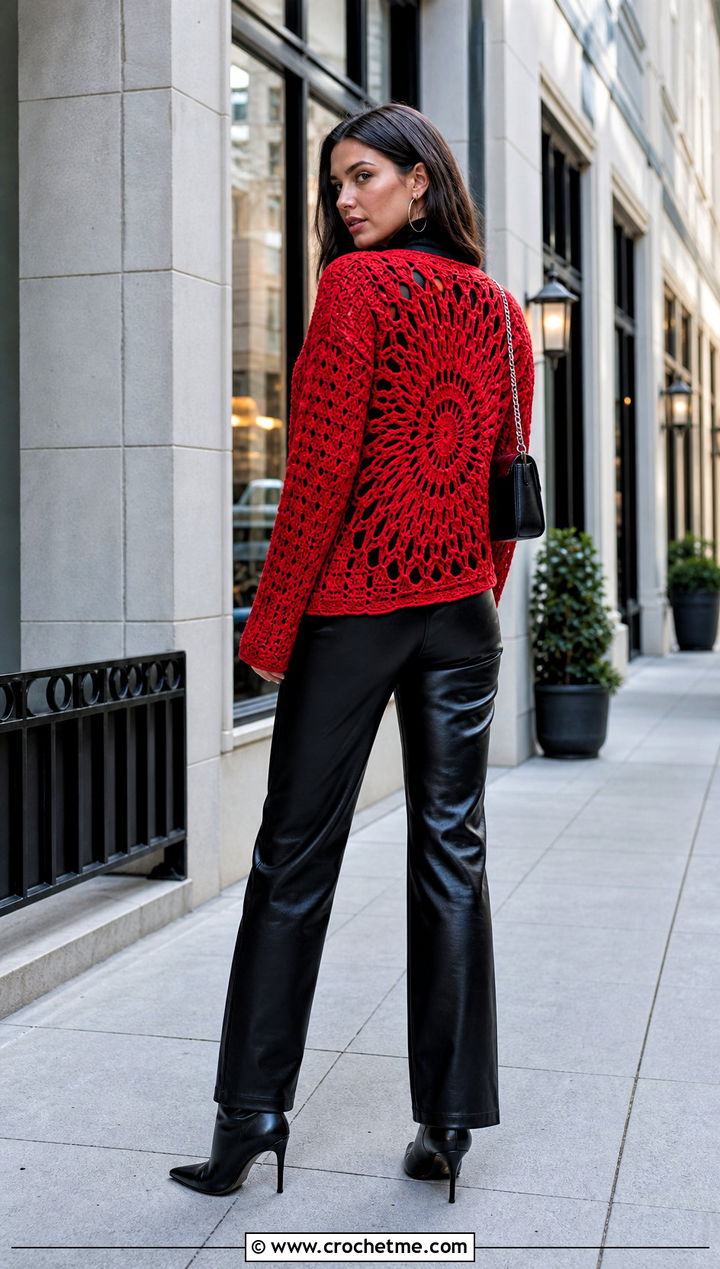 Sunburst Circular Jacket With Leather Pants - 15 Crochet Circular Jacket outfit ideas