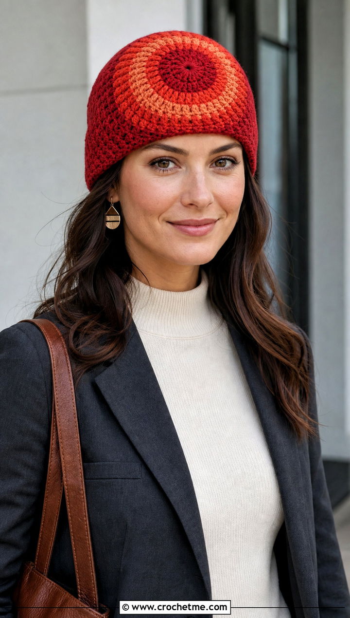 Sunburst Crochet Beanie With Blazer And Trousers - 15 burst crochet beanie outfit ideas
