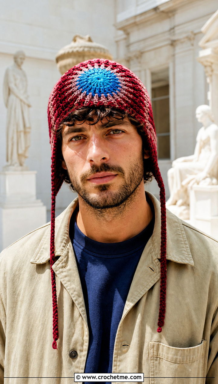 Sunburst Crochet Earflap Hat With Utility Overshirt - 20 Mens Crochet Earflap Hat outfit ideas