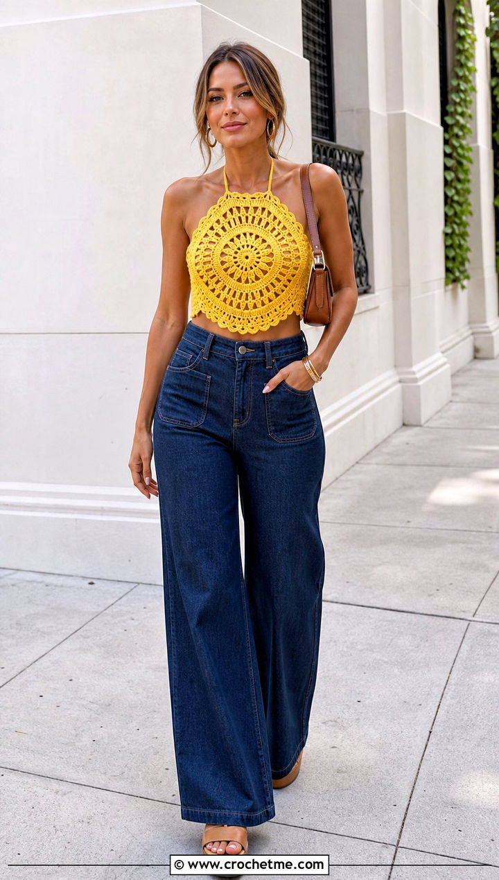 Sunburst Crochet Mandala Halter Top With Wide Leg Jeans - 35 crochet mandala top outfit ideas