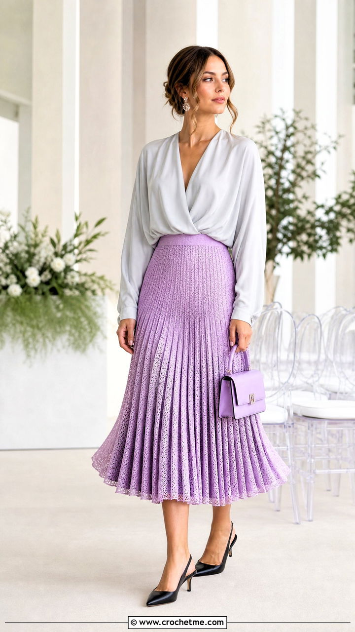 Sunburst Crochet Pleated Midi Skirt With Draped Blouse - 35 crochet pleated skirt outfit ideas
