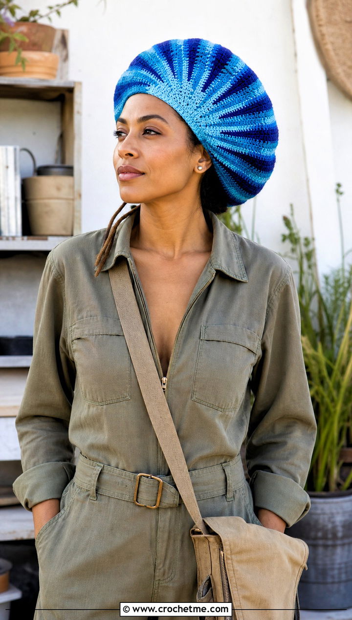 Sunburst Crochet Rasta Tam Hat With Utility Jumpsuit - 25 crochet rasta tam hat outfit ideas