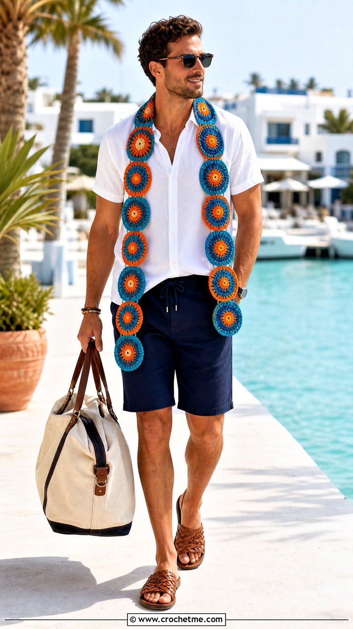 Sunburst Crochet Scarf With Resort Outfit - 35 men's crochet scarf outfit ideas