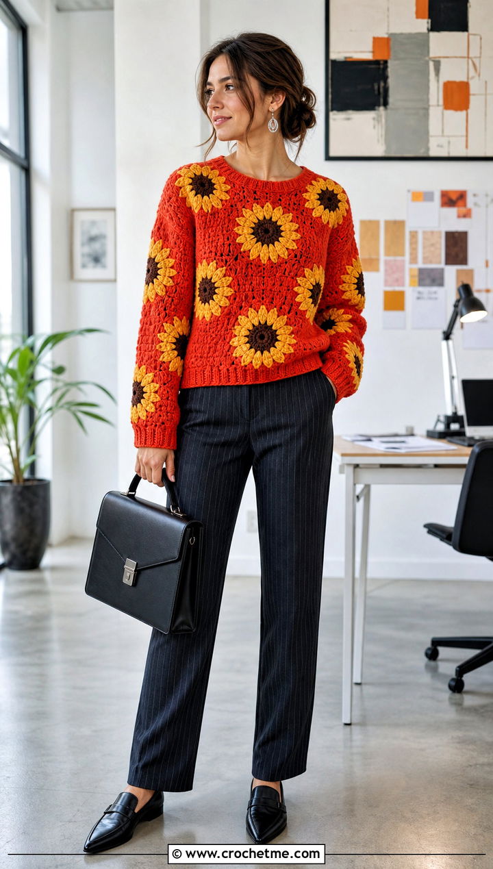 Sunburst Crochet Sunflower Sweater With Pinstripe Trousers - 35 crochet sunflower sweater outfit ideas