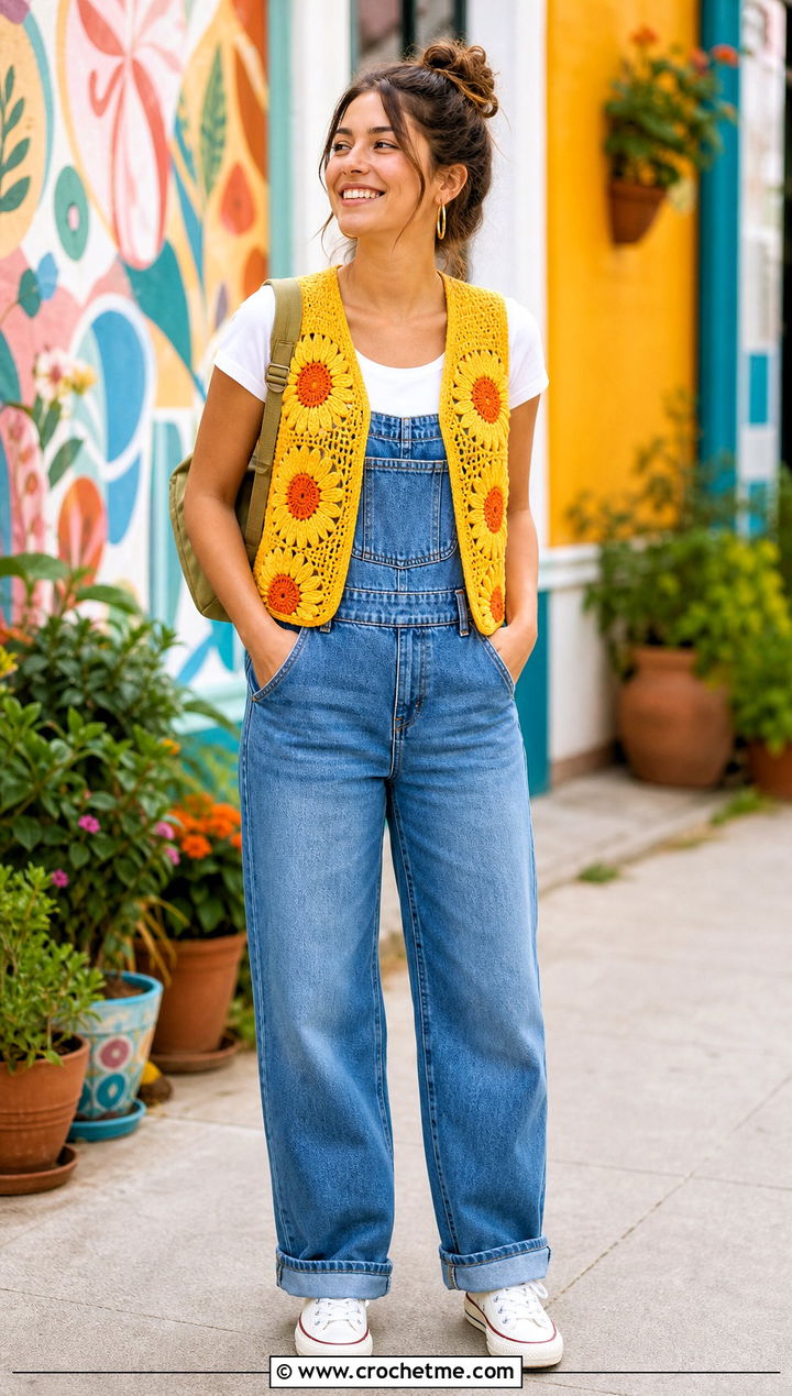 Sunburst Crochet Vest With Denim Overalls - 35 crochet vest ideas