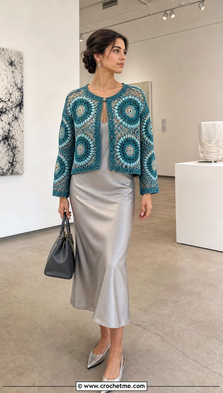 Sunburst Cropped Granny Square Cardigan With Satin Slip Skirt - 20 Cropped Granny Square Cardigan outfit ideas