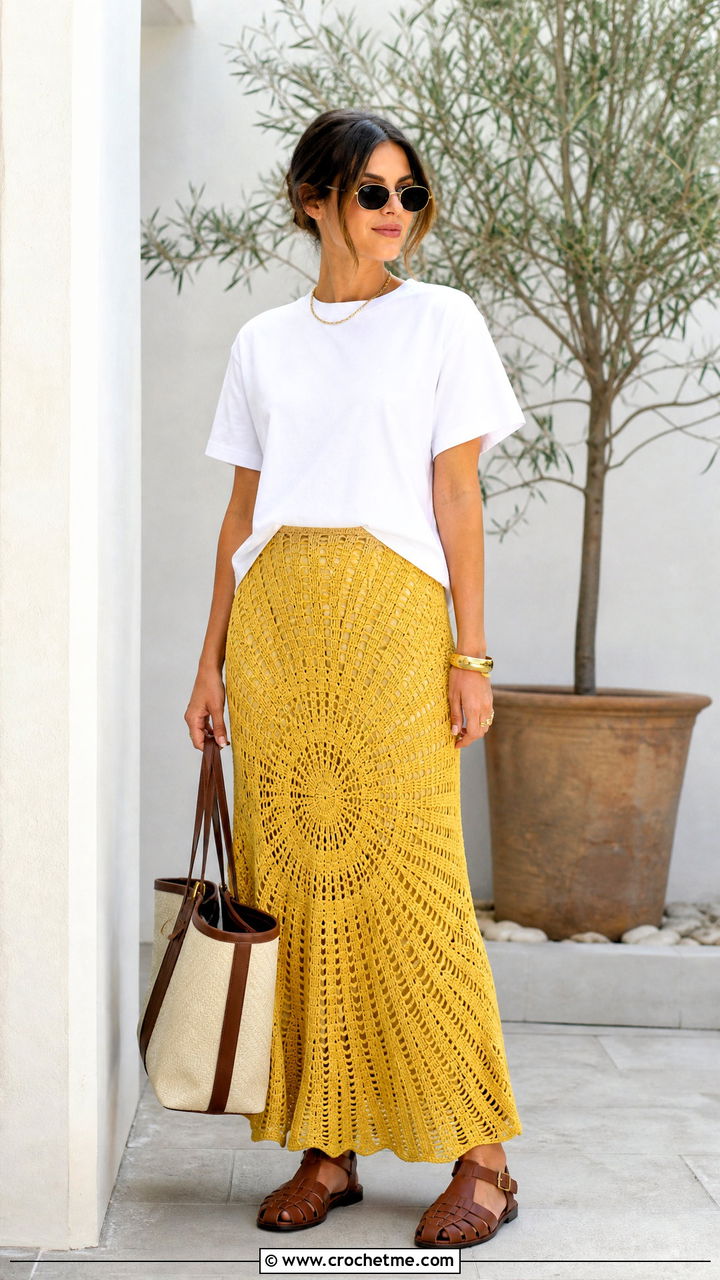 Sunburst Filet Crochet Maxi Skirt With Boxy T Shirt - 35 Filet Crochet Skirt outfit ideas
