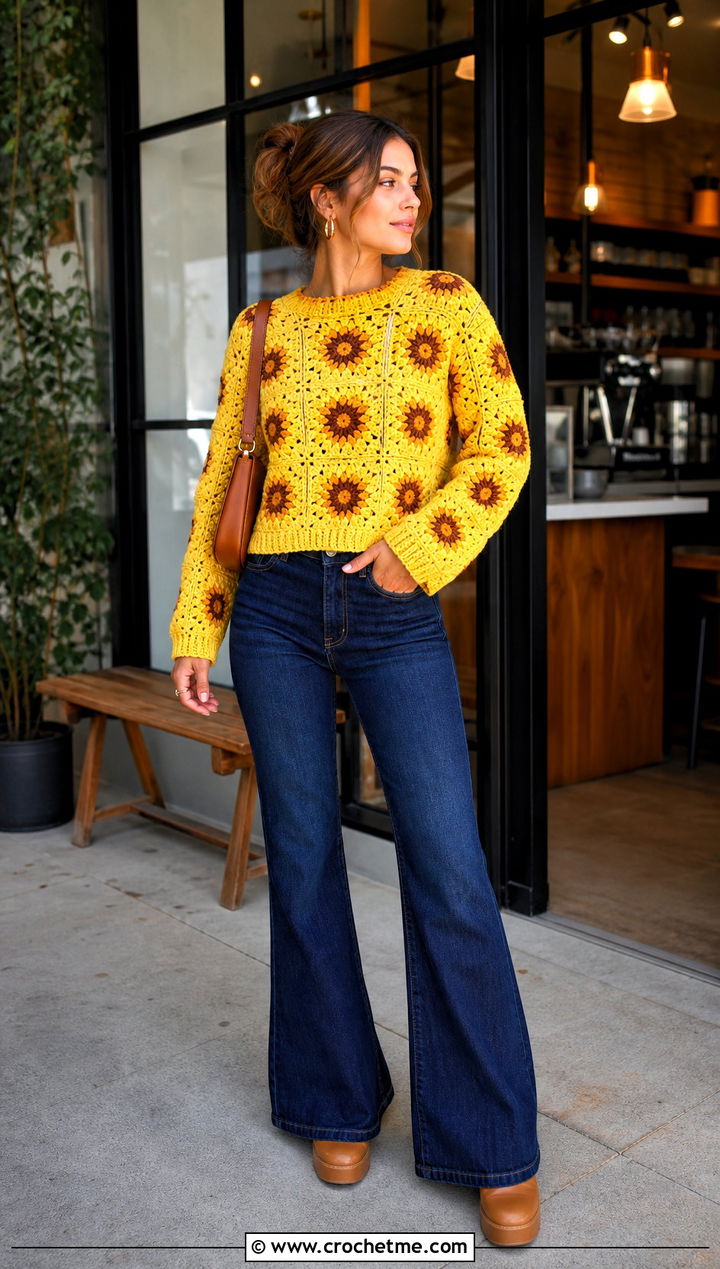 Sunburst Flower Granny Square Sweater With Flared Jeans - 30 flower granny square sweater outfit ideas