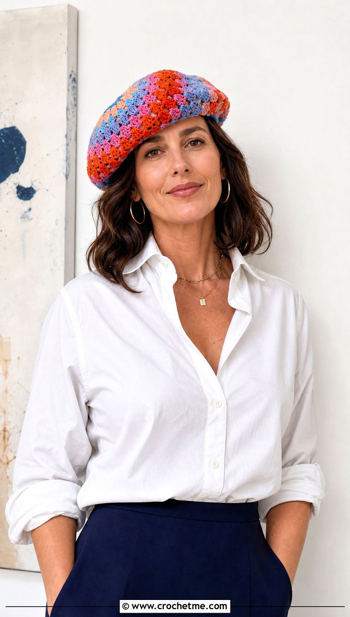 Sunburst Granny Crochet Beret With White Shirt And Column Skirt - 30 crochet berets outfit ideas
