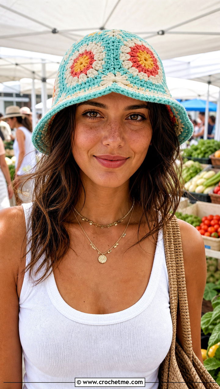Sunburst Granny Crochet Bucket Hat With Maxi Skirt - 30 beginner crochet hat outfit ideas