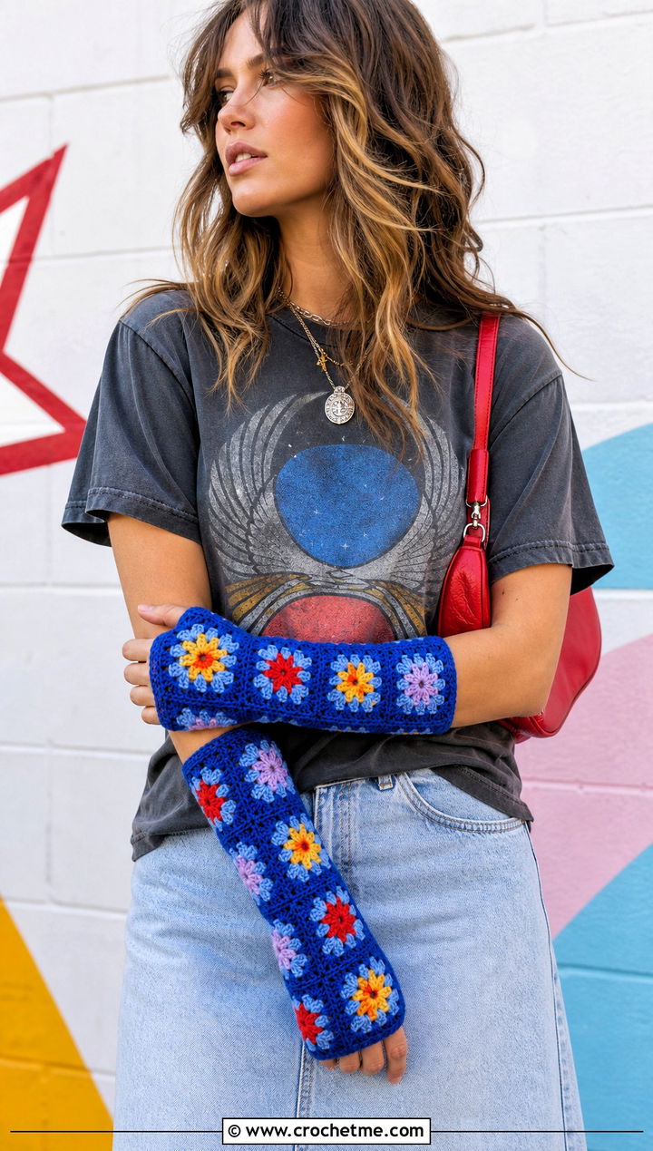 Sunburst Granny Crochet Gauntlets With Graphic T Shirt - 15 crochet finger gloves outfit ideas