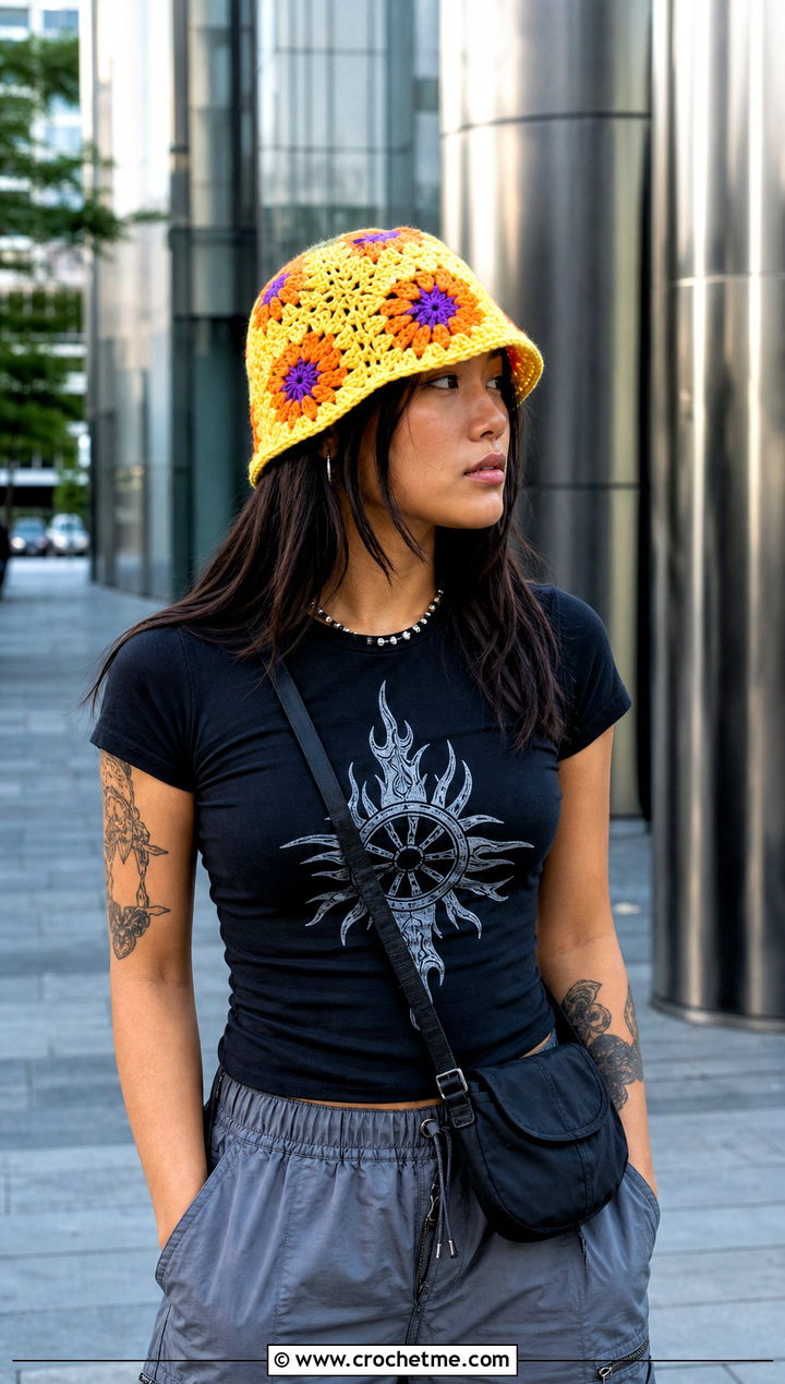 Sunburst Granny Lemon Crochet Bucket Hat With Parachute Pants - 25 Lemon Crochet Bucket Hat outfit ideas