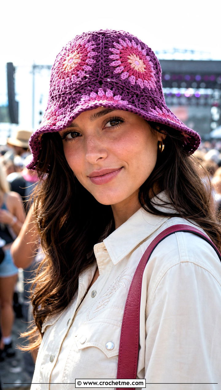 Sunburst Granny Purple Crochet Bucket Hat With Western Denim - 30 purple crochet bucket hat outfit ideas