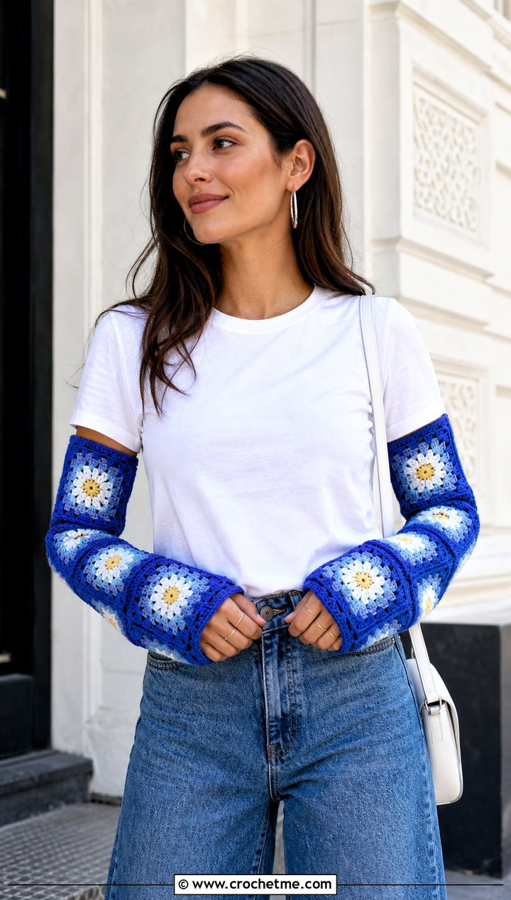 Sunburst Granny Square Arm Warmers With White Tee And Wide Leg Jeans - 25 Granny Square Arm Warmers outfit ideas