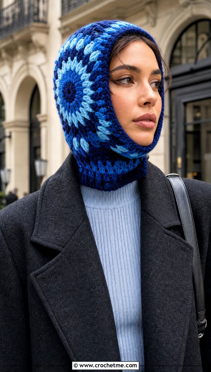 Sunburst Granny Square Balaclava With Wool Coat - 30 crochet granny square balaclava outfit ideas