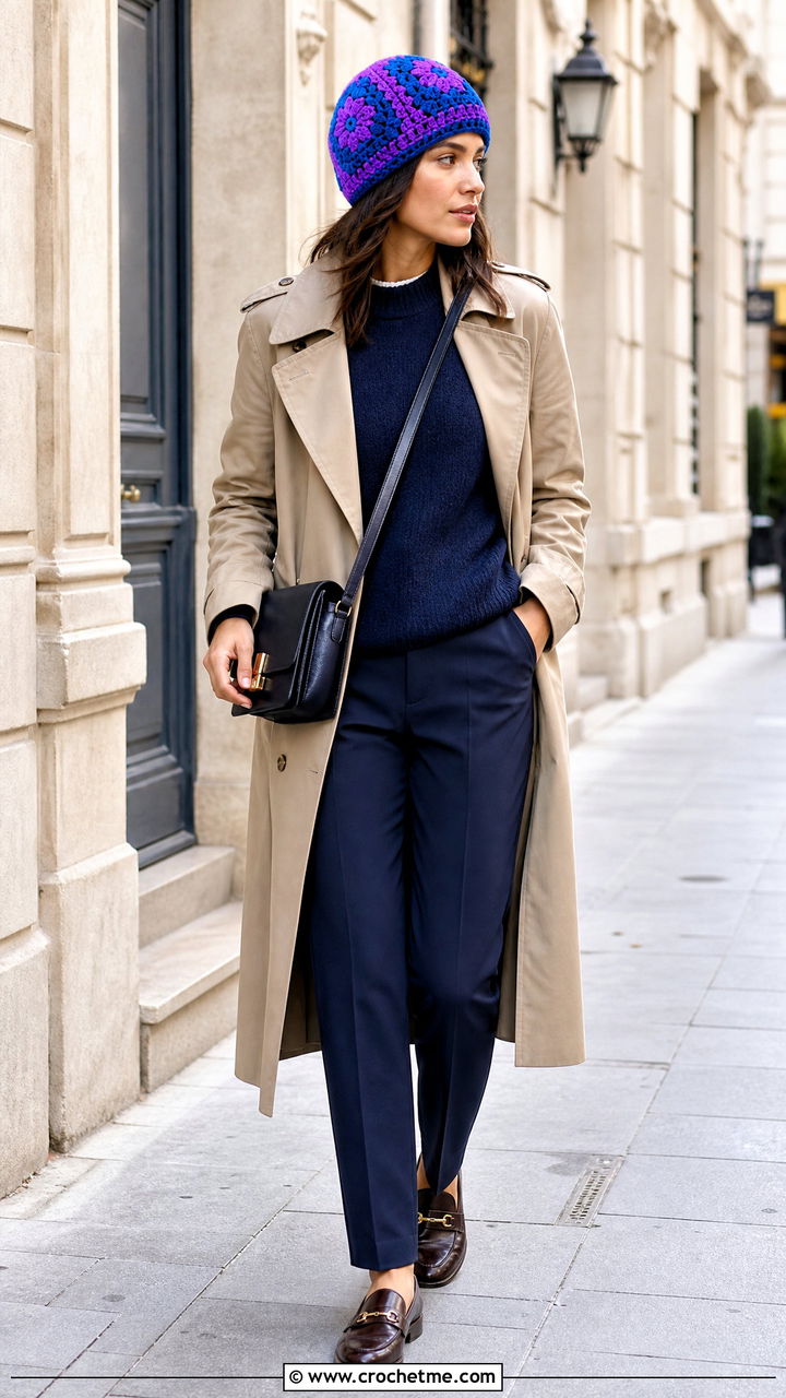Sunburst Granny Square Beanie With Trench Coat And Trousers - 35 granny square hat outfit ideas