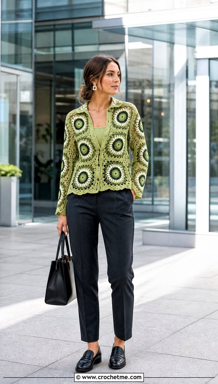 Sunburst Granny Square Blouse With Tailored Trousers - 35 Granny Square Blouse outfit ideas