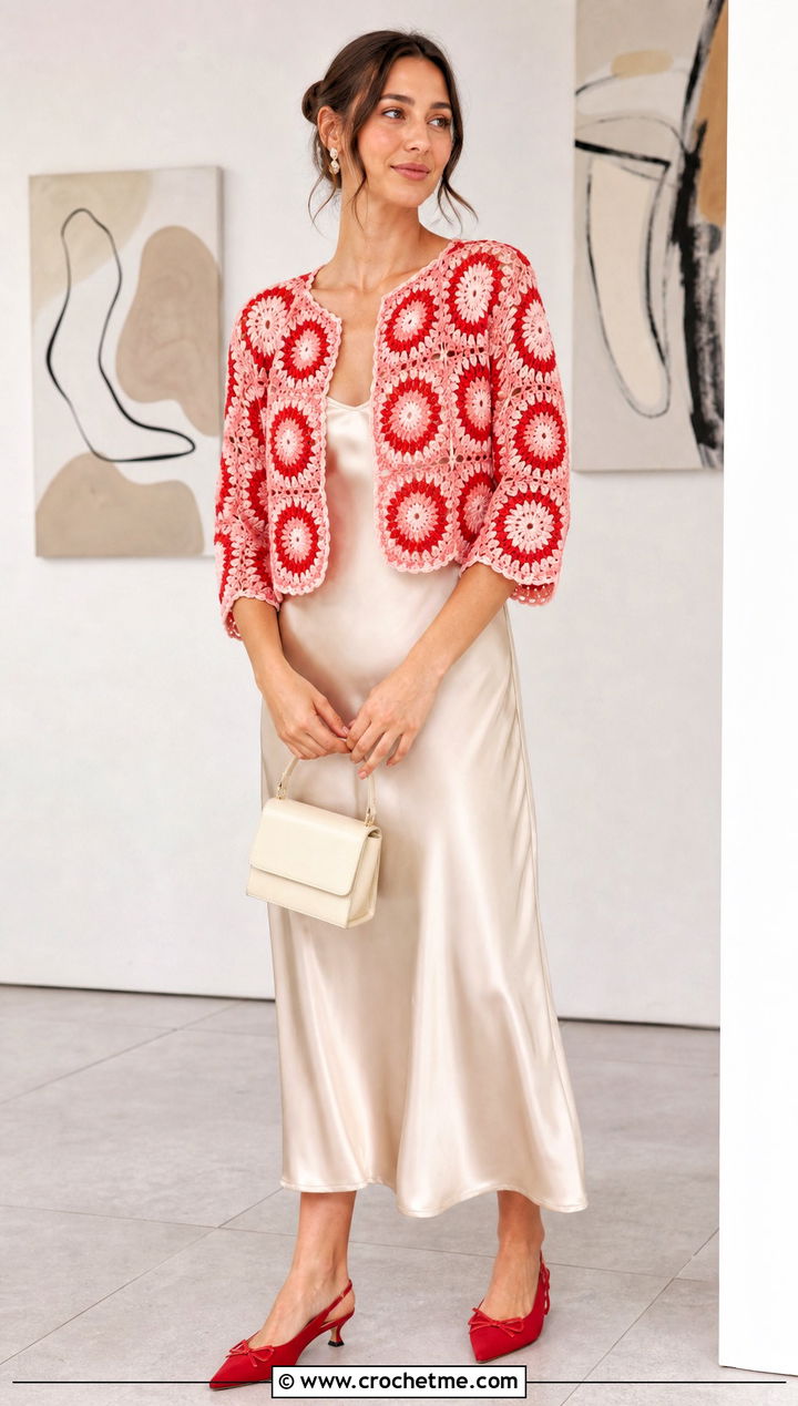 Sunburst Granny Square Bolero With Satin Slip Dress - 35 granny square bolero outfit ideas