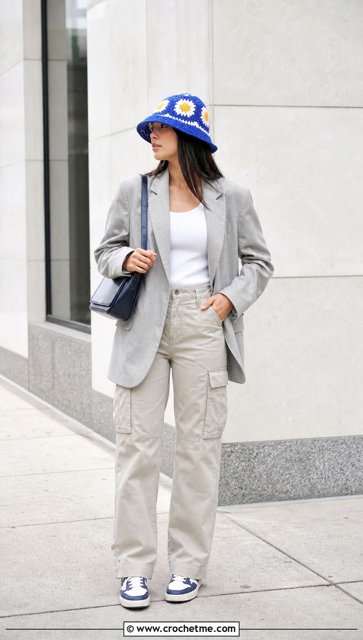 Sunburst Granny Square Bucket Hat With Blazer And Cargo Pants - 35 granny square hats outfit ideas