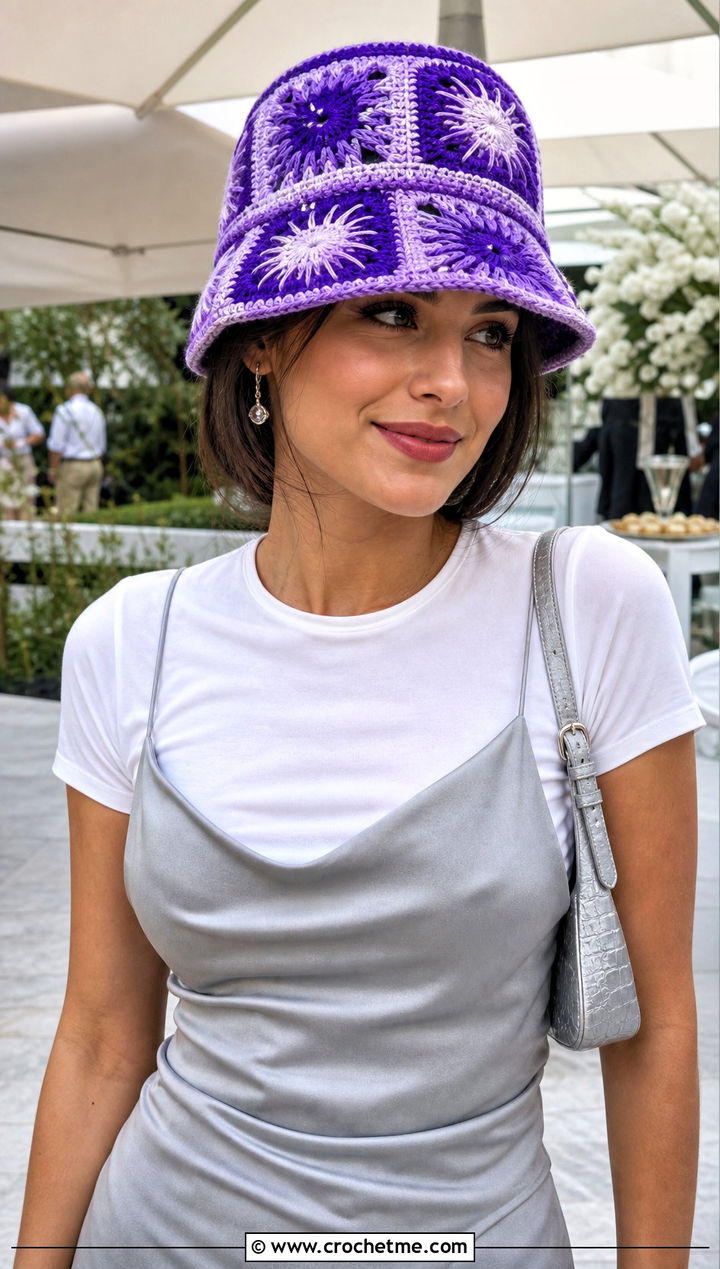 Sunburst Granny Square Bucket Hat With Slip Dress - 15 Crochet Granny Square Bucket Hat outfit ideas