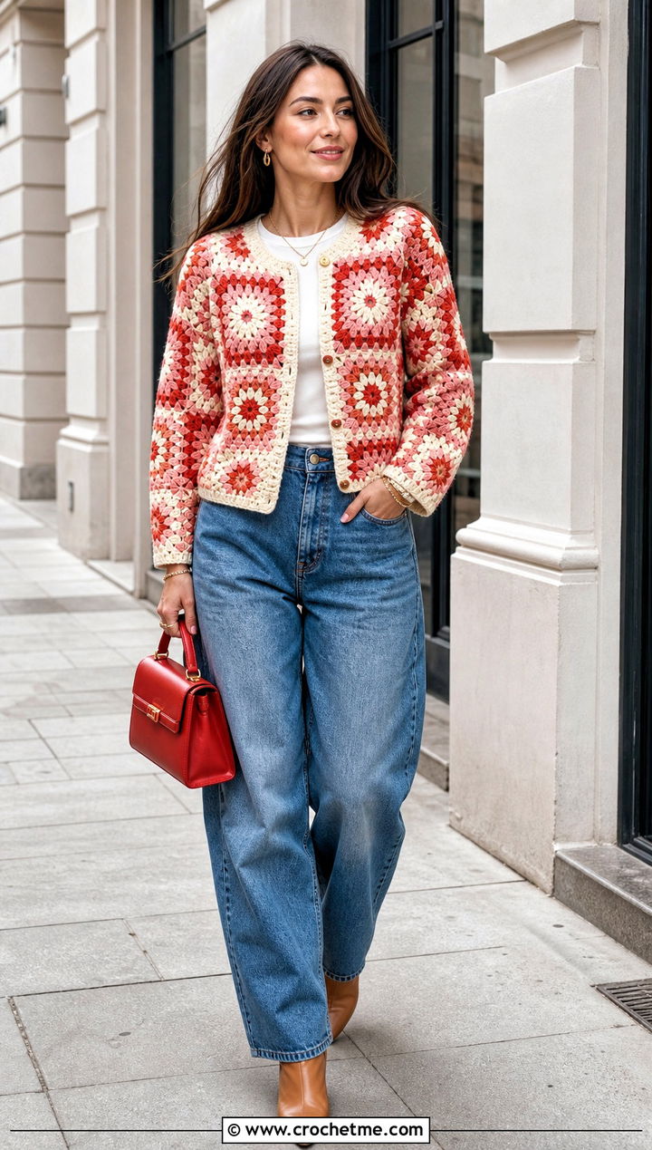 Sunburst Granny Square Cardigan With Barrel Jeans - 35 sunburst granny square cardigan outfit ideas