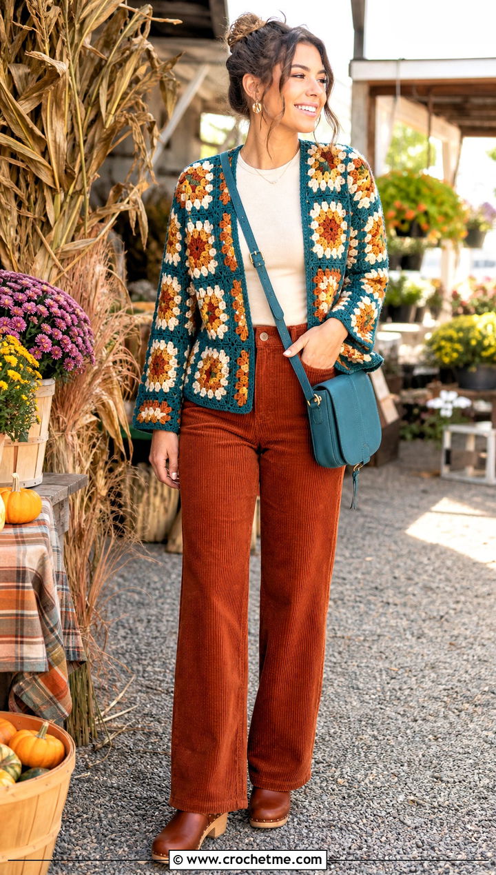Sunburst Granny Square Cardigan With Corduroy Pants - 35 sunburst granny square cardigan outfit ideas