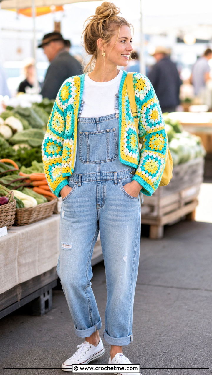 Sunburst Granny Square Cardigan With Denim Overalls - 35 sunburst granny square cardigan outfit ideas