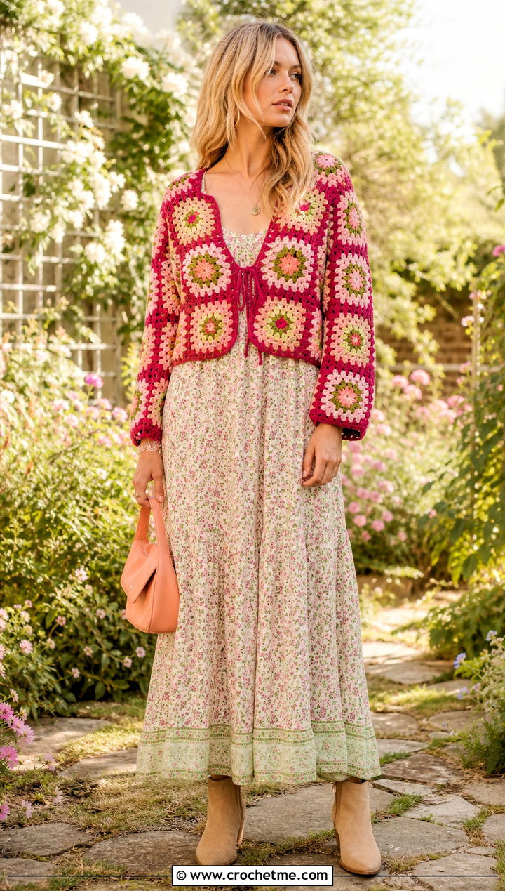 Sunburst Granny Square Cardigan With Floral Maxi Dress - 35 sunburst granny square cardigan outfit ideas