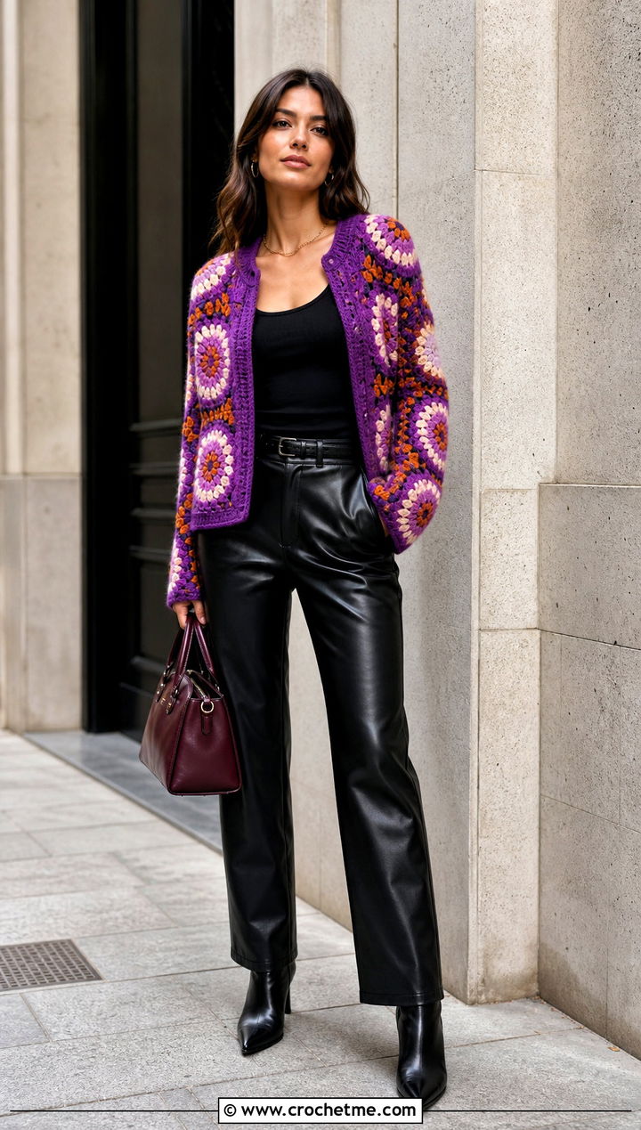 Sunburst Granny Square Cardigan With Leather Pants - 25 For Granny Square Cardigan outfit ideas