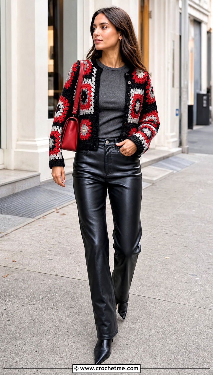 Sunburst Granny Square Cardigan With Leather Pants - 35 sunburst granny square cardigan outfit ideas
