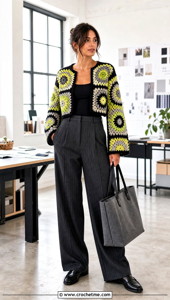 Sunburst Granny Square Cardigan With Pinstripe Trousers - 35 sunburst granny square cardigan outfit ideas