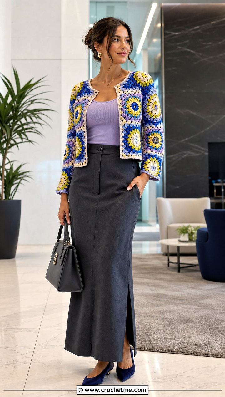 Sunburst Granny Square Cardigan With Tailored Maxi Skirt - 35 sunburst granny square cardigan outfit ideas