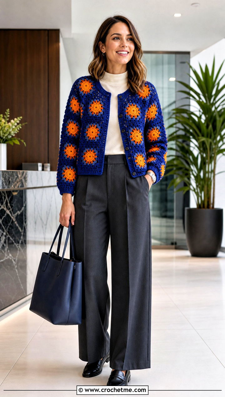 Sunburst Granny Square Cardigan With Tailored Trousers - 25 Two Granny Square Cardigan outfit ideas
