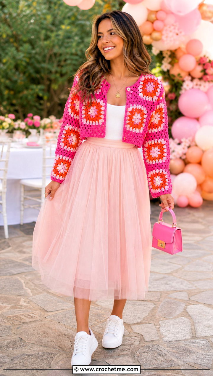 Sunburst Granny Square Cardigan With Tulle Midi Skirt - 35 sunburst granny square cardigan outfit ideas