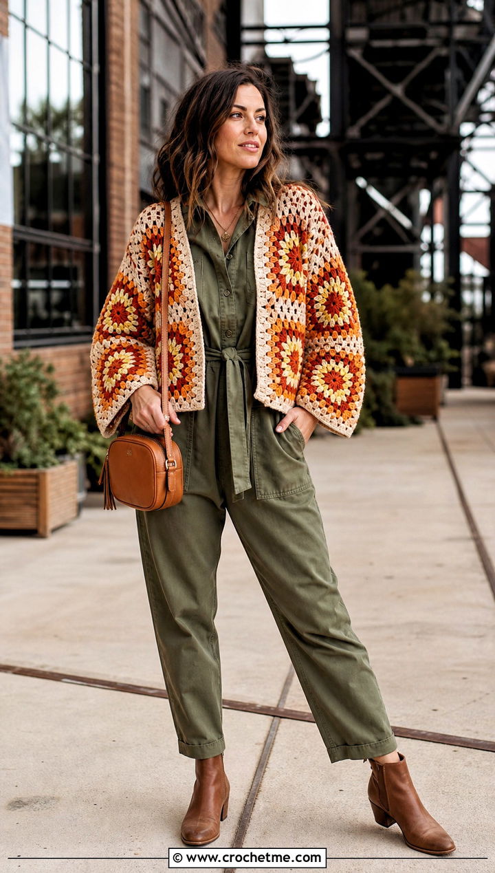 Sunburst Granny Square Cardigan With Utility Jumpsuit - 35 sunburst granny square cardigan outfit ideas