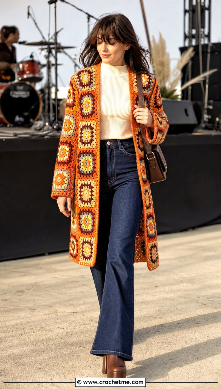 Sunburst Granny Square Coat With Flared Jeans - 30 women crochet coat outfit ideas