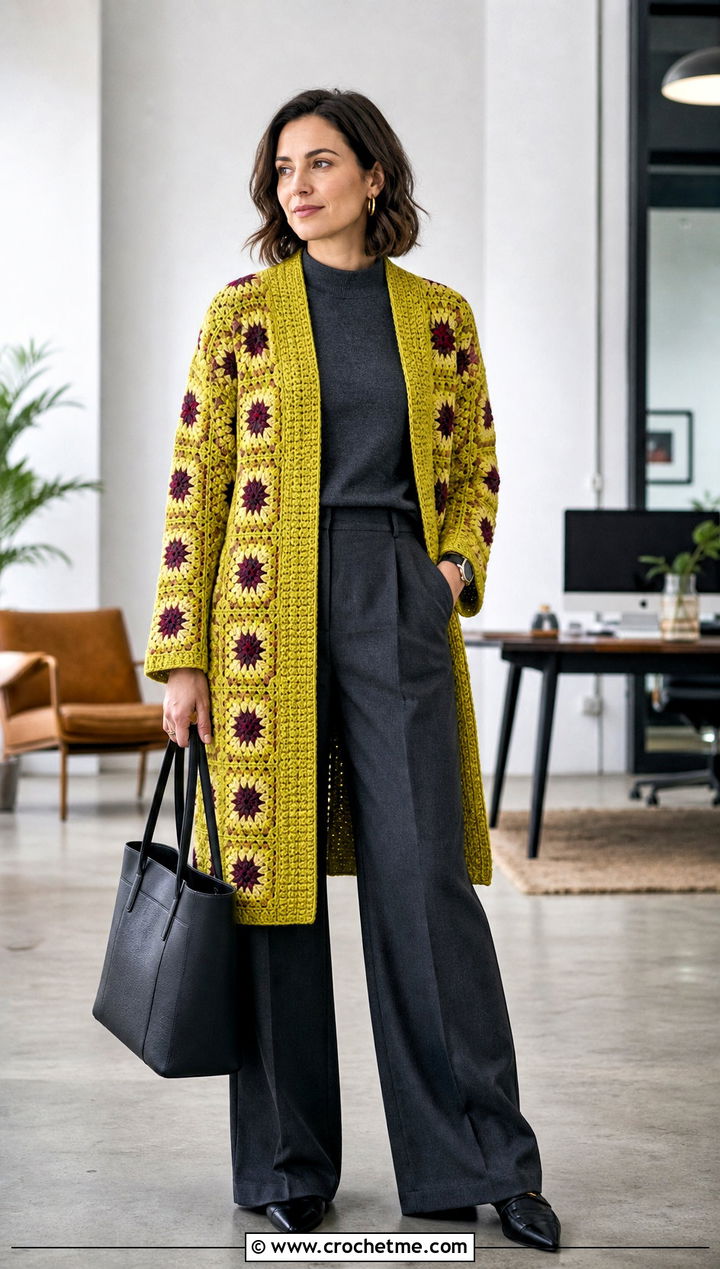 Sunburst Granny Square Coatigan With Tailored Trousers - 15 crochet granny square afghan style coat cardigan outfit ideas