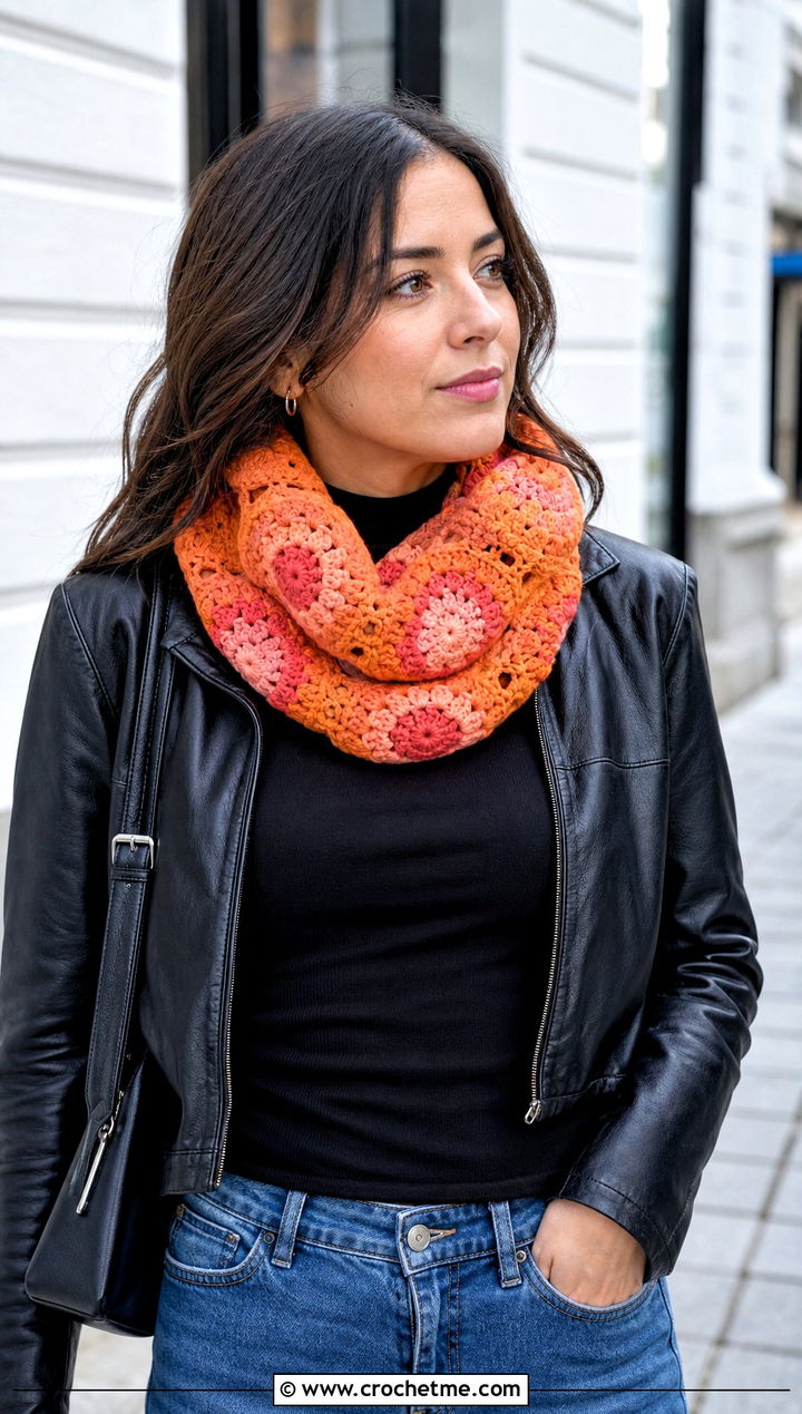 Sunburst Granny Square Cowl With Leather Jacket - 25 Granny Square Cowl outfit ideas