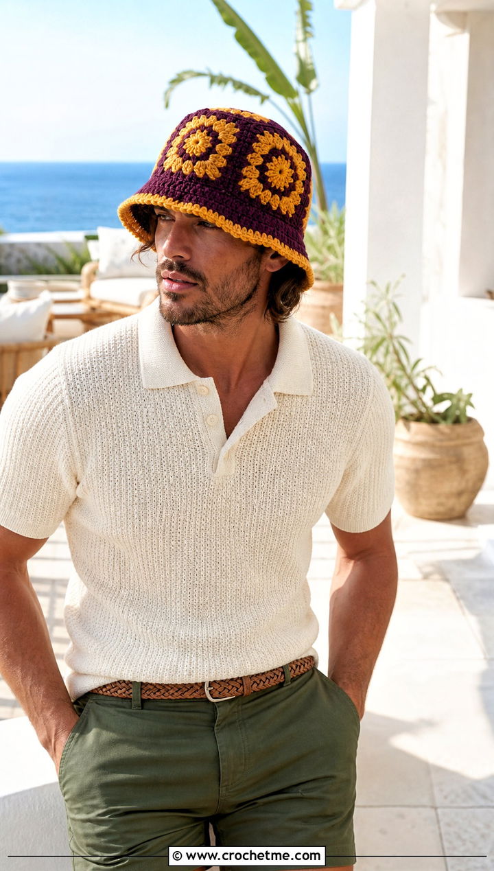 Sunburst Granny Square Crochet Bucket Hat With Knit Polo And Shorts - 30 crochet bucket hat men outfit ideas