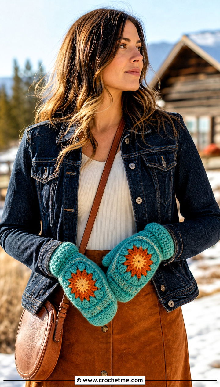 Sunburst Granny Square Crochet Chunky Mittens With Western Jacket - 30 crochet chunky mittens outfit ideas