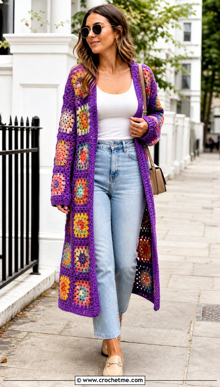 Sunburst Granny Square Crochet Duster With Straight Leg Jeans - 25 crochet duster outfit ideas