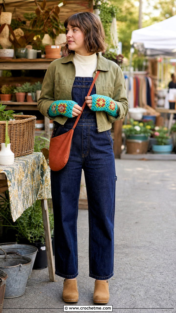 Sunburst Granny Square Crochet Hand Warmers With Overalls - 35 crochet hand warmers outfit ideas